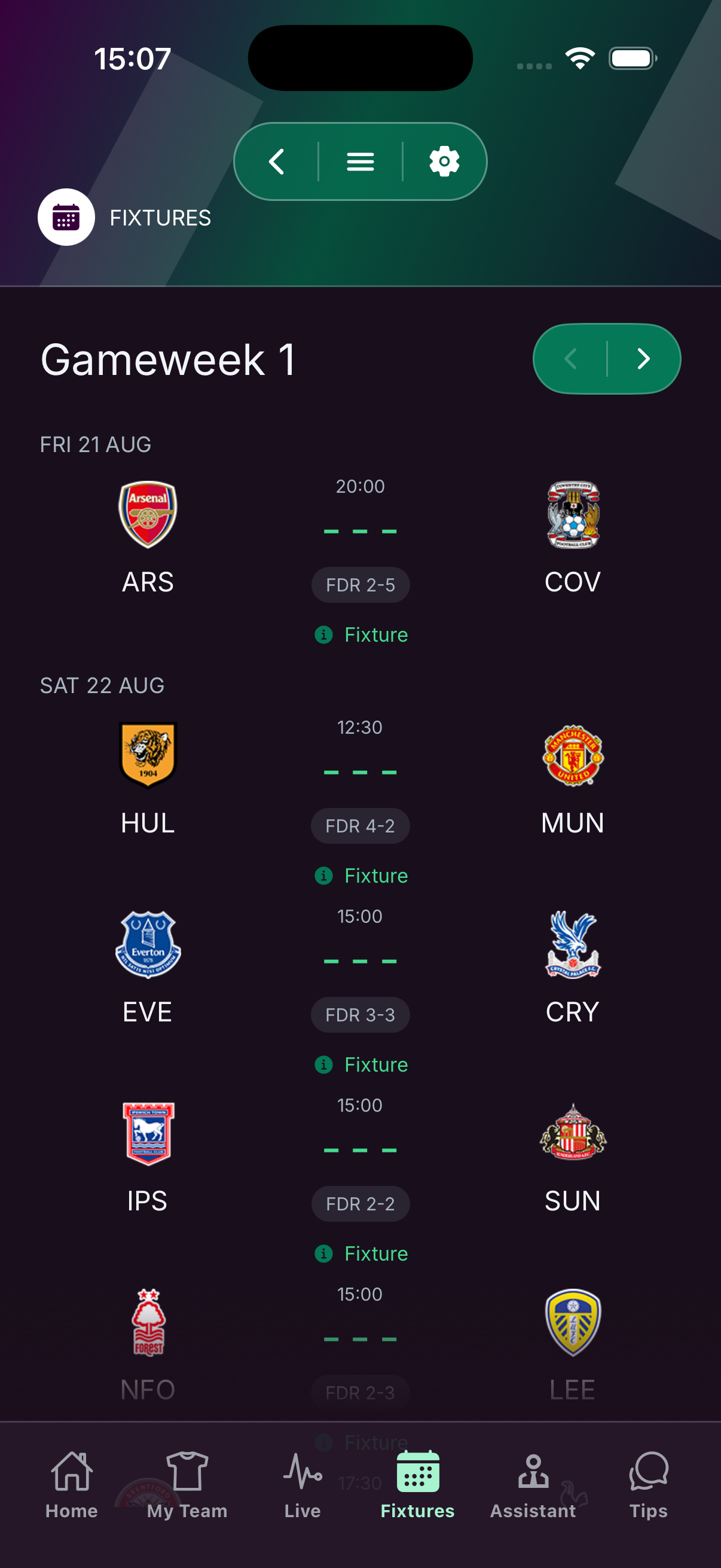 Meta FPL fixtures screen showing gameweek fixtures and fixture difficulty ratings.