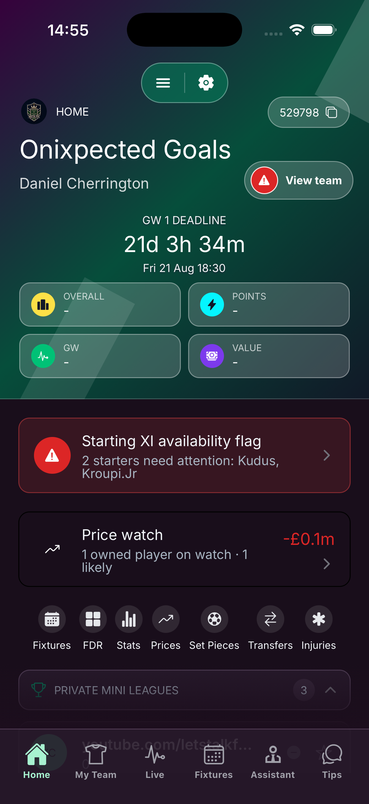 Meta FPL mobile app home screen showing deadline, team summary, alerts, and tool shortcuts.