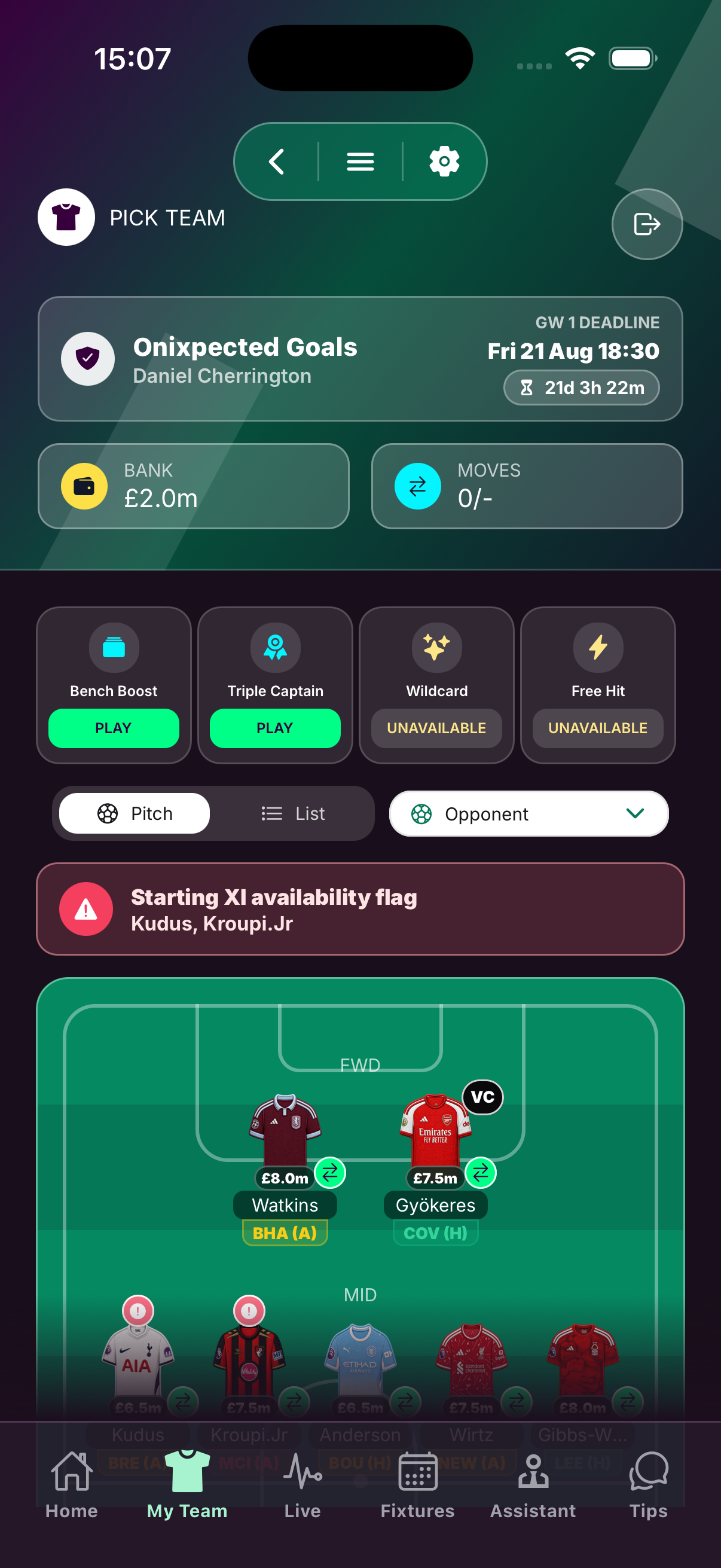 Meta FPL My Team screen showing saved team details, chips, alerts, and pitch view.